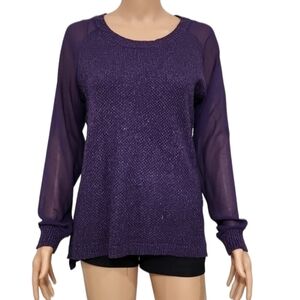 Metaphor Sweater‎ Top Purple with Sparkle Silver Thread Sheer Sleeves Size M